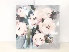 3 X ASSORTED PICTURES INCLUDING PALE PINK BOUQUET PAINTING CANVAS .
