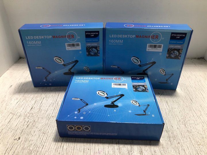 John Pye Auctions 3 X LED DESKTOP MAGNIFIER 160MM LENS SIZE 110MM