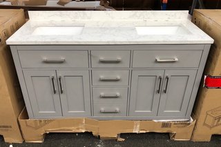 OVE DECORS FLOOR STANDING 4 DOOR 5 DRAWER TWIN SINK UNIT IN AMERICAN GREY WITH WHITE MARBLE EFFECT TWIN COUNTER TOP WITH BACKSPLASH PRE-DRILLED FOR 3TH BASIN MIXERS, TOP COMES COMPLETE WITH 2 CERAMIC