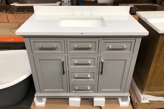 OVE DECORS FLOOR STANDING 2 DOOR 5 DRAWER SINK UNIT IN AMERICAN GREY WITH WHITE GRANITE COUNTER TOP WITH BACKSPLASH PRE-DRILLED FOR 3TH BASIN MIXERS, TOP COMES COMPLETE WITH CERAMIC UNDERMOUNT BASIN