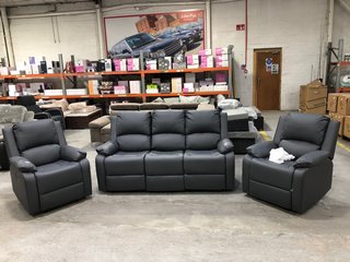 3 SEATER RECLINING SOFA & 2 X RECLINING ARMCHAIRS IN GREY FAUX LEATHER: LOCATION - B1