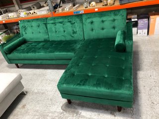 RIGHT HAND PLUSH GREEN VELVET CORNER SOFA WITH ROLLED CUSHIONS & DARK WOODEN LEGS: LOCATION - A2