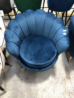 PLUSH VELVET MID BLUE SHELL SHAPED ARMED CHAIR WITH BRASS COLOUR LEGS: LOCATION - A2