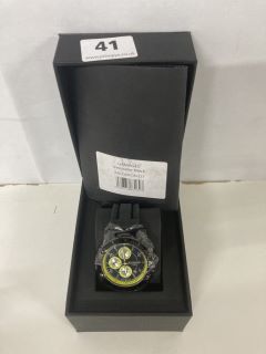 GAMAGES INNOVATOR BLACK WATCH - GA1223 Model Specifications: Automatic Movement 163 Part 20 Jewel Hand Assembled Movement,Black Dial with Yellow Chapter Ring & Subdials, Day, Date, Month & 24 Hour Co