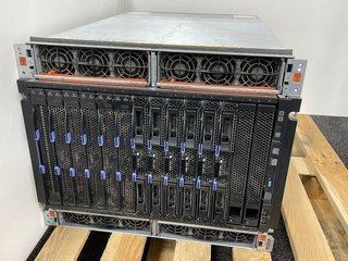 IBM BLADECENTRE H CHASSIS: MODEL NO 8852-4YG (WITH 12X BLADE SERVERS, 4X AA23920L POWER MODULES, 5X SWITCH MODULE 3012, 3X 4G SAN SWITCH MODULE, WEIGHT: >164KG (360LBS)) [JPTM104879]. PLEASE BRING SU