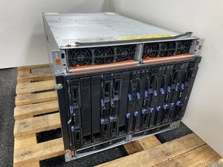 IBM BLADECENTRE H CHASSIS: MODEL NO 8852-4SG (WITH 12X BLADE SERVERS, 4X AA23920L POWER MODULES, 4X SWITCH MODULE 3012, 2X 4G SAN SWITCH MODULE, WEIGHT: >164KG (360LBS)) [JPTM105117]. PLEASE BRING SU