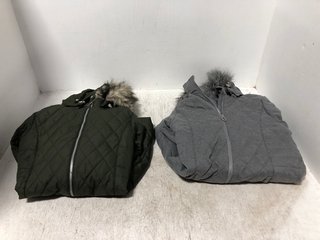 2 X REGATTA FAUX FUR HOOD QUILTED ZIP UP COATS IN KHAKI AND GREY SIZE: 10 AND 12: LOCATION - B6