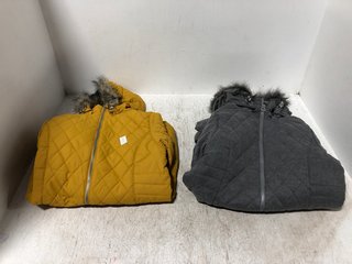 2 X REGATTA FAUX FUR HOOD QUILTED ZIP UP COATS IN KHAKI AND YELLOW SIZE: 10 AND 12: LOCATION - B6