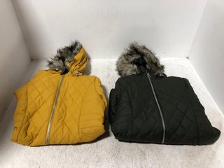 2 X REGATTA FAUX FUR HOOD QUILTED ZIP UP COATS IN KHAKI AND YELLOW SIZE: 10 AND 12: LOCATION - B6