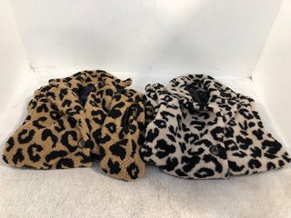 2 X FRANK USHER ANIMAL PRINT TEDDY BUTTON UP GILETS IN LIGHT BROWN/WHITE SIZE: L/XL: LOCATION - B7