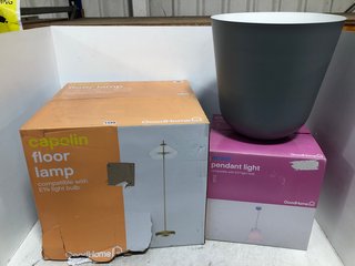 3 X ASSORTED GOOD HOME LIGHT ITEMS TO INCLUDE CALUME LAMPSHADE, GOOD HOME ANSER PENDANT LIGHT: LOCATION - B14