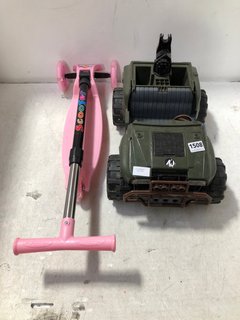 CHILDRENS PLASTIC SCOOTER IN LIGHT PINK TO INCLUDE ARMY TOY CAR VEHICLE: LOCATION - B15