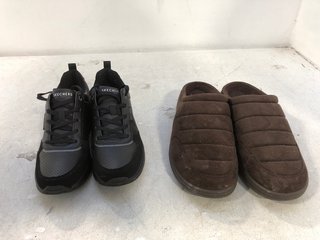 2 X ASSORTED SKECHERS SHOES TO INCLUDE RELAXED FIT LUXE FOAM MURETTE SLIPPERS IN BROWN SIZE: 11: LOCATION - D5