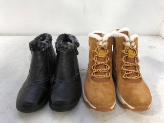 2 X ASSORTED REIKER SHOES TO INCLUDE PATTERNED FLEECE LINED LEATHER ZIP UP BOOTS IN BLACK SIZE: 42 EU: LOCATION - D5