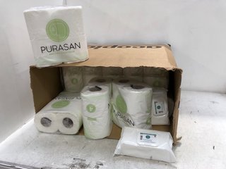 BOX OF ASSORTED CLEANING ITEMS TO INCLUDE QTY OF PURASAN SOFT 2 PLY TOILET ROLLS: LOCATION - D13