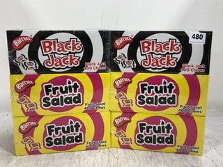 6 X BARATT FRUIT SALAD AND BLACK JACK SWEET PACKS 400 CHEWS PER BOX BB: 09/24: LOCATION - D15