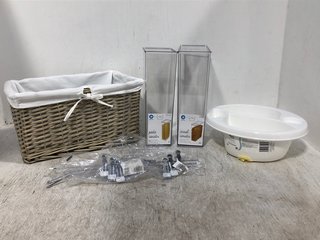 QTY OF ASSORTED JOHN LEWIS AND PARTNERS ITEMS TO INCLUDE SMALL WICKER FABRIC INSIDE HANDLED BOX: LOCATION - C21