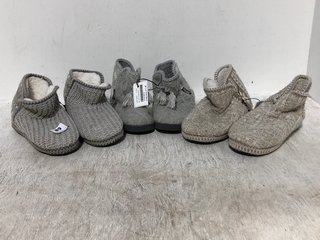 3 X ASSORTED WOMENS KNITTED SLIPPERS IN GREY SIZE: S , 6 , AND 8: LOCATION - D1