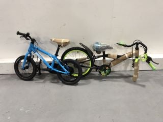 FORME CUBLEY 14'' KIDS BIKE IN BLUE RRP £155 - NO PEDALS/SNAPPED HANDLEBARS - AND BUMPER OOZE KIDS BMX IN BLACK/GREEN RRP £120 - NO FRONT WHEEL/PEDALS - VIEWING ADVISED