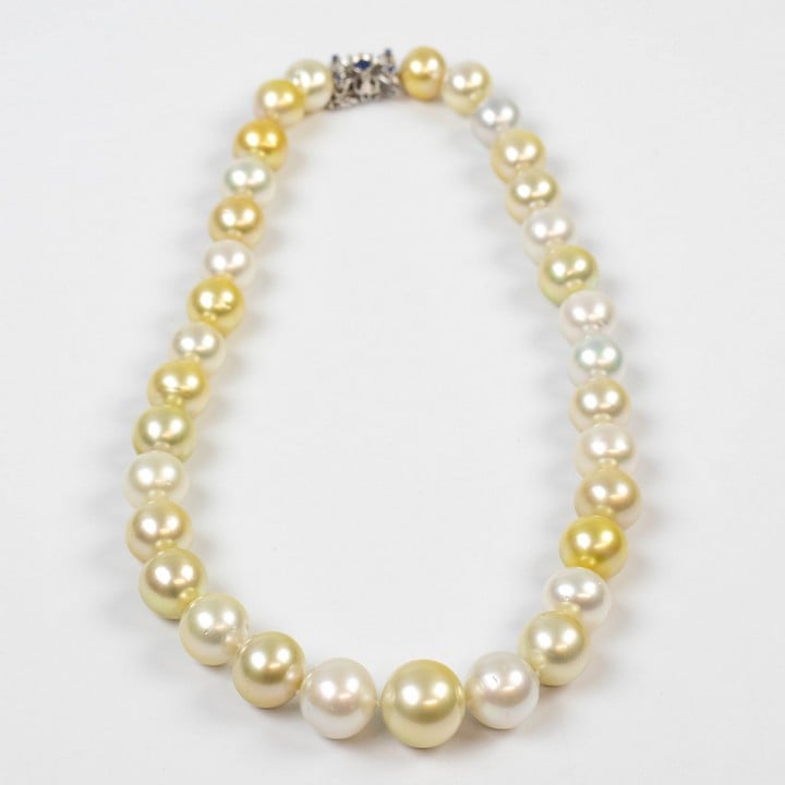 18K white 0.30ct Sapphire Clasp South Sea Cultured Pearl String Necklace, 47cm, 119.8g. Report WGI9624141498.  Auction Guide: £2,000-£2,500 (VAT Only Payable on Buyers Premium)