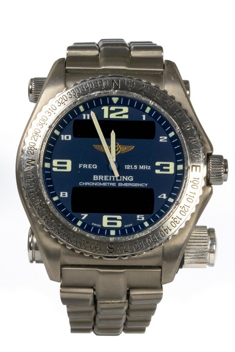 Breitling Emergency Ref: E76321 Quartz Watch. 43mm Titanium Case with Titanium Bi-Directional Bezel, Blue Dial and Titanium Bracelet. Age: Unknown. No box or paperwork. Brief Condition Report: Signs