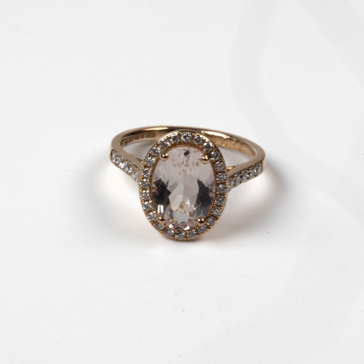 18ct Rose Gold 2.21ct Morganite and 0.42ct Diamond Halo and Shoulders Ring, Size M, 4.1g.  Auction Guide: £850-£1,050