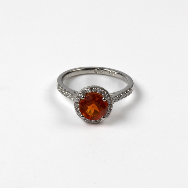 Platinum 950 0.95ct Fire Opal and 0.40ct Diamond Halo and Shoulders Ring, Size M, 5g.  Auction Guide: £750-£950