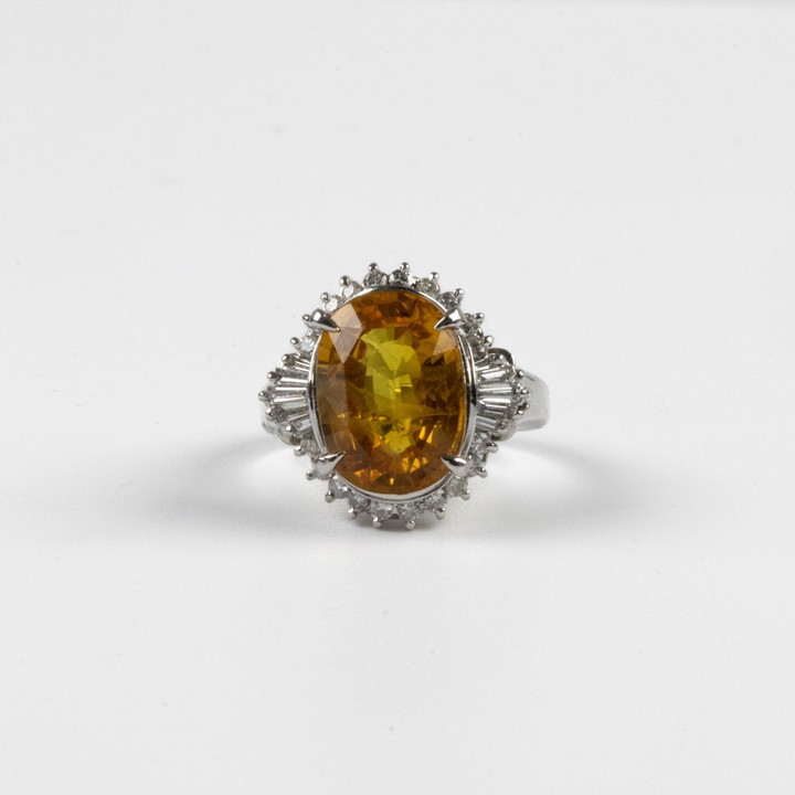 900 Platinum 6.67ct Natural Yellow Sapphire and 0.80ct Diamond Ring, Size L, 8.6g. Report WGI9624144307.  Auction Guide: £6,500-£7,500 (VAT Only Payable on Buyers Premium)