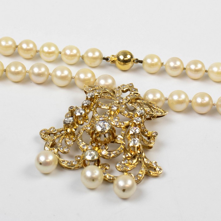 18K Yellow 8.34ct Natural Diamond Rose-cut and Transitional-cut with AAA Natural Japanese Akoya Pearls, 8.5mm Necklace, 42cm, 64.4g. Diamond Colour I-J-K, Clarity Si2-Si3. Report WGI9624146626.  Auct