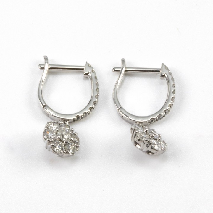 Platinum 950 1.10ct Diamond Flower Cluster Drop Earrings, 2.3cm, 4g. Report WGI9624121144.  Auction Guide: £600-£800 (VAT Only Payable on Buyers Premium)