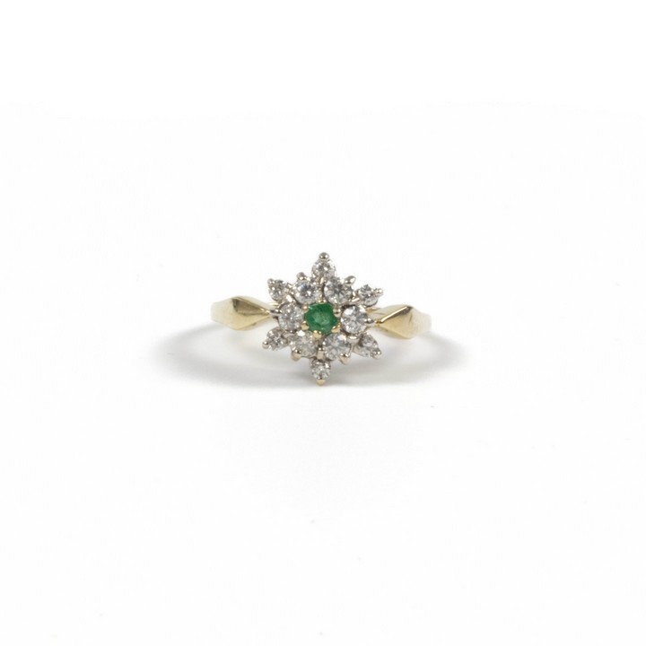 9ct Yellow and White Gold Diamond and Emerald Cluster Ring, Size M, 1.8g.  Auction Guide: £300-£400