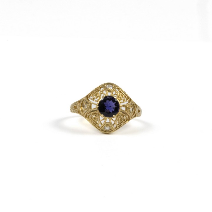 9ct Yellow Gold Iolite and Diamond Filigree Ring, Size O, 2.7g.  Auction Guide: £250-£350