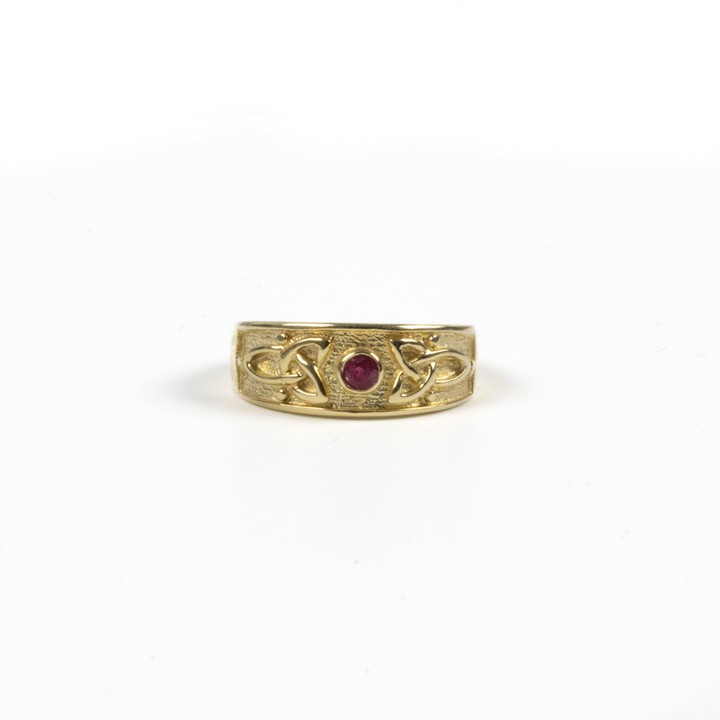9ct Yellow Gold Single Ruby Celtic Band Ring, Size Q, 3.9g.  Auction Guide: £200-£300