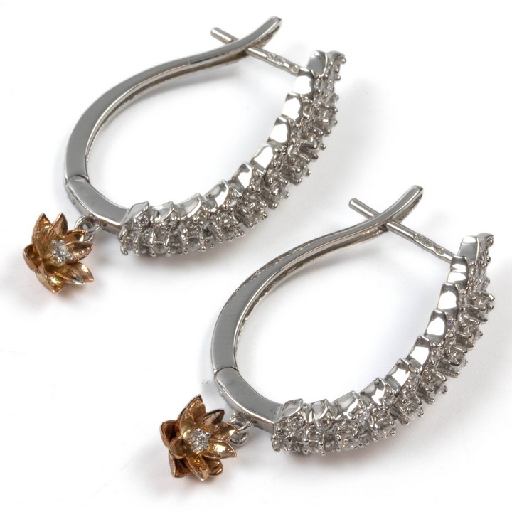9K White and Rose Clear Stone Pavé Leaves Oval Hoop Earrings with Flower Drop, 3.5cm, 9.3g.  Auction Guide: £150-£200