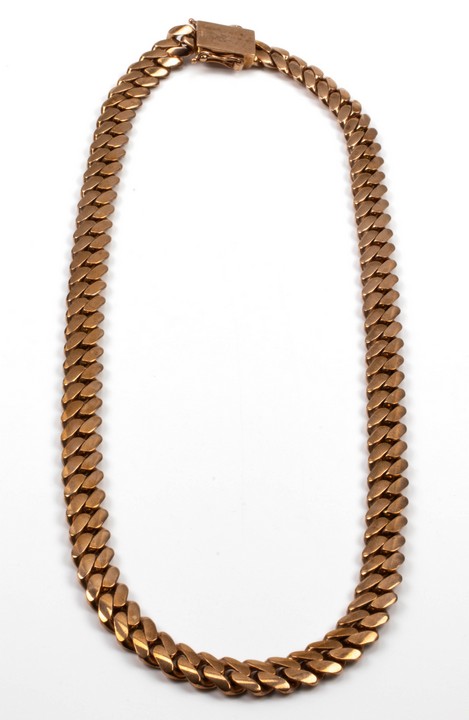 9ct Rose Gold Flat Curb Chain, 71cm, 279.4g.  Auction Guide: £3,200-£3,700 (VAT Only Payable on Buyers Premium)