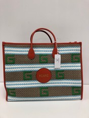 GUCCI, LTD. ED. MIAMI CAPRI LARGE TOTE LIGHT BROWN/ORANGE/GREEN/WHITE/BLUE EMBROIDERED MIAMI STRIPED CANVAS SHOULDER BAG WITH ORANGE LEATHER. ITEM TO INCLUDE BOOKLET WITH AN ESTIMATED SIZE OF 43*34*1