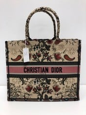 DIOR, LARGE BOOK TOTE BEIGE EMBROIDERED CANVAS SHOULDER BAG WITH BEIGE CANVAS. ITEM TO INCLUDE STRAP WITH AN ESTIMATED SIZE OF 42*35*18CM (ITEM INCLUDES A CERTIFICATE OF AUTHENTICITY) AAX2617