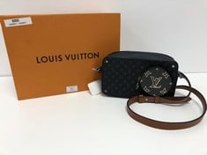 LOUIS VUITTON, LTD. ED. ECLIPSE PATCHWORK VOLGA GRAPHITE MONOGRAM ECLIPSE PATCHWORK PATTERN SHOULDER BAG WITH BROWN LEATHER AJUSTABLE REMOVABLE. ITEM TO INCLUDE DUSTBAG, BOX WITH AN ESTIMATED SIZE OF