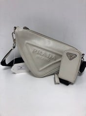 PRADA, TRIANGLE WHITE CALFSKIN LEATHER SHOULDER BAG WITH BLACK LEATHER ADJUSTABLE. ITEM TO INCLUDE LITTLE POUCH ATTACHED WITH AN ESTIMATED SIZE OF 25*15*10CM (ITEM INCLUDES A CERTIFICATE OF AUTHENTIC
