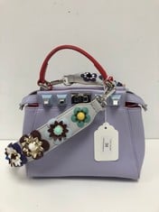 FENDI, PEEKABOO BICOLOUR VIOLET CALF LEATHER SHOULDER BAG WITH RED LEATHER HANDLE FLORAL TRAP REMOVABLE. ITEM TO INCLUDE STRAP WITH AN ESTIMATED SIZE OF 23*20*11CM (ITEM INCLUDES A CERTIFICATE OF AUT
