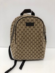 GUCCI, SUPREME BEIGE MONOGRAM CANVAS BACKPACK WITH BROWN NYLON ADJUSTABLE STRAP. ITEM TO INCLUDE NONE WITH AN ESTIMATED SIZE OF 38*31*14CM (ITEM INCLUDES A CERTIFICATE OF AUTHENTICITY) EAG9400