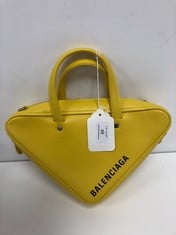 BALENCIAGA, BALENCIAGA TRIANGLE  YELLOW CALFSKIN LEATHER SILVER AA YELLOW CALFSKIN LEATHER HANDBAG WITH YELLOW LEATHER HANDLE WITH REMOVABLE ADJUSTABLE STRAP. ITEM TO INCLUDE DUSTBAG WITH AN ESTIMATE