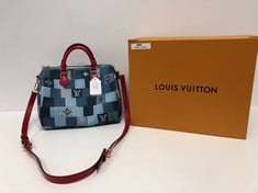LOUIS VUITTON, LTD ED. DENIM PATCHWORK SPEEDY BANDOULIER BLUE DENIM HANDBAG WITH RED LEATHER HANDLES AND REMOVABLE ADJUSTABLE STRAP. ITEM TO INCLUDE STRAP, DUSTBAG, BOX WITH AN ESTIMATED SIZE OF 30*1
