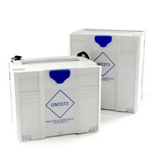 A Pallet Of  MedDXTAINER Plastic Transport Containers. Made by TANOS for medical couriers and is compatible with the T-Loc Systainer range. A versatile, stackable, secure box with a range of uses for