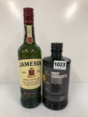 JAMESON TRIPLE DISTILLED IRISH WHISKY 700ML ABV 40% TO INCLUDE PORT CHARLOTTE HEAVILY PEATED ISLAY SINGLE MALT 700ML ABV 50% (PLEASE NOTE: 18+YEARS ONLY. STRICTLY NO COURIER REQUESTS. COLLECTIONS MON
