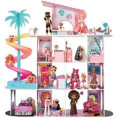 L.O.L. SURPRISE OMG FASHION HOUSE PLAYSET WITH 85+ SURPRISES - REAL WOOD DOLL HOUSE WITH POOL, SPIRAL SLIDE, ROOFTOP PATIO, CINEMA, TRANSFORMING FURNITURE, AND MORE - GREAT FOR KIDS AGES 4+.(DELIVERY