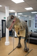 ANOMATRONIC VELOCIRAPTOR DINOSAUR SUIT, COMES WITH HANGING FRAME, APPROX MEASUREMENTS 210CM (H) X 360CM (L) *Please note this lot is located at Nottingham (NG7 7FN), contact baadmin@johnpye.com to bo