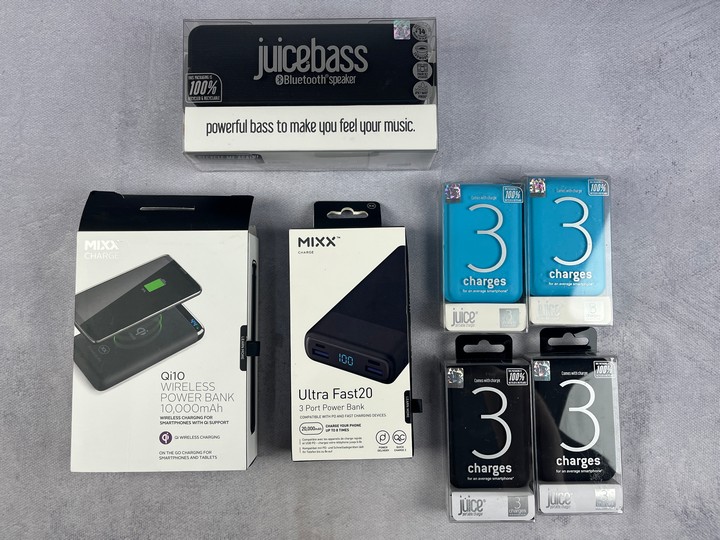 2 MIXX Charge Power Banks, 4 Juice Porteable Chargers & Juice Juicebass Bluetooth Speaker  (VAT ONLY PAYABLE ON BUYERS PREMIUM)