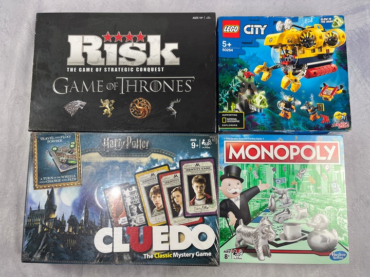 Harry Potter Cluedo, RISK Game Of Thrones Edition Sealed, Monopoly Sealed & Lego City Oceans Ocean Exploration Submarine 60264 (VAT ONLY PAYABLE ON BUYERS PREMIUM)