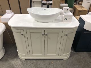 (COLLECTION ONLY) FLOOR STANDING 4 DOOR CURVED FRONTED COUNTERTOP SINK UNIT IN IVORY LACE & WHITE 1220 X 530MM WITH A OVAL CERAMIC VESSEL BASIN & BLACK WALL MOUNTED BASIN FILLER & SPRUNG WASTE - RRP